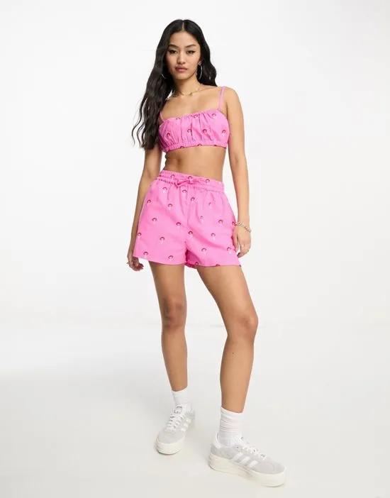 bralet with mushroom embroidery in pink - part of a set