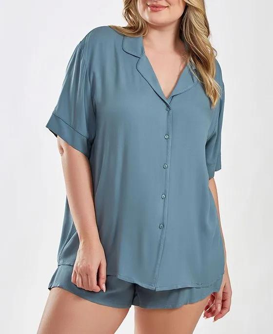 Bree Plus Size Modal Button Front Knotched Collar Shirt and Elastic Waist Shorts 2-Piece Set