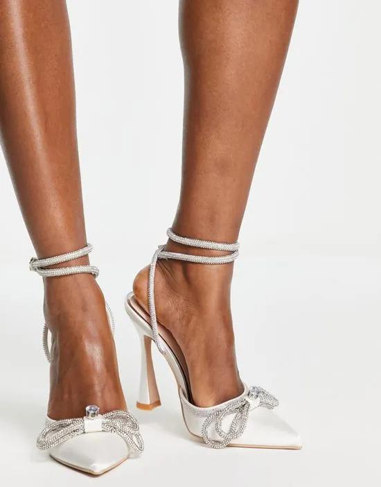 Bridal Armela crystal bow heel shoes in ivory