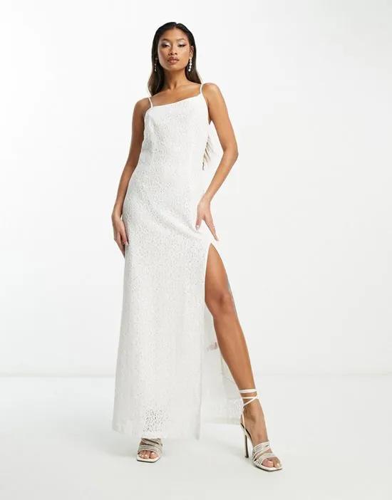 Bridal asymmetric midaxi lace dress with leg slit