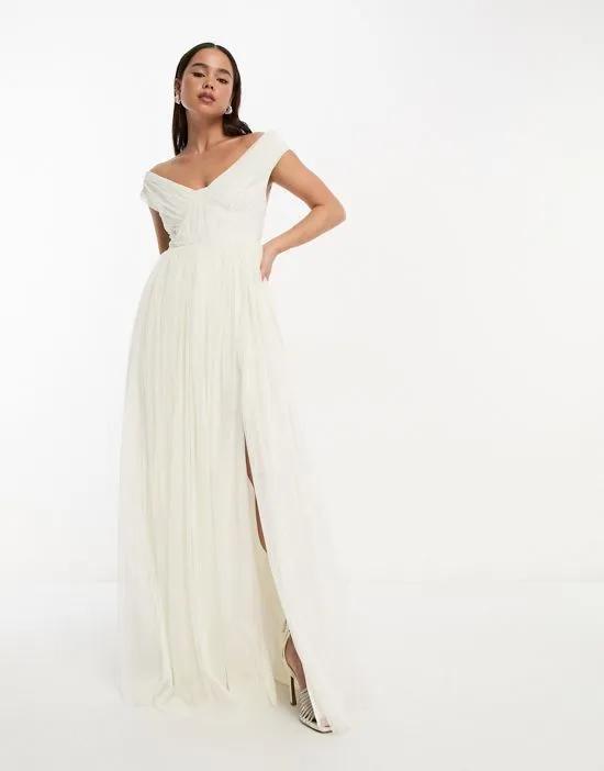 Bridal bardot maxi tulle dress with split in ivory
