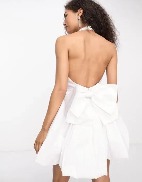 Bridal exclusive high neck bow back mini dress in ivory