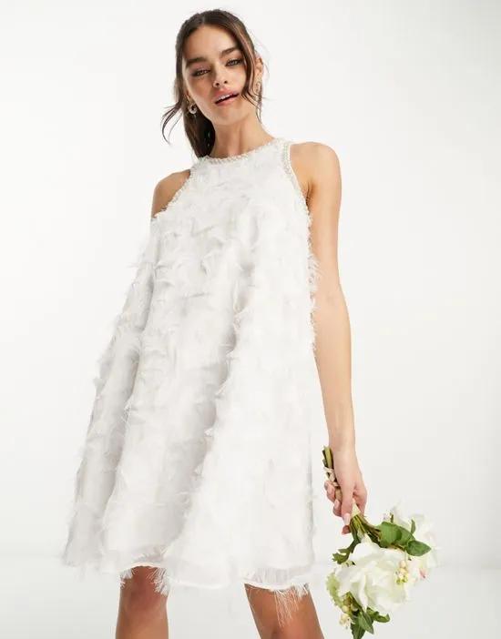 Bridal faux feather mini dress with pearl detail in white