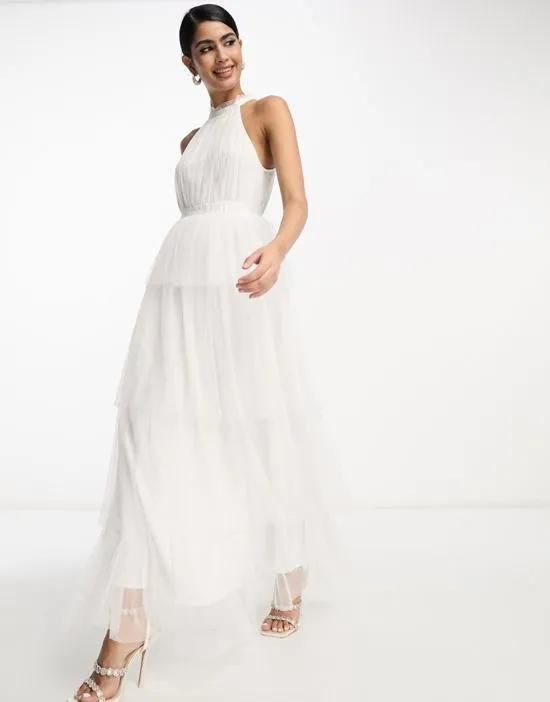Bridal halterneck tulle midi dress with tiered skirt in white