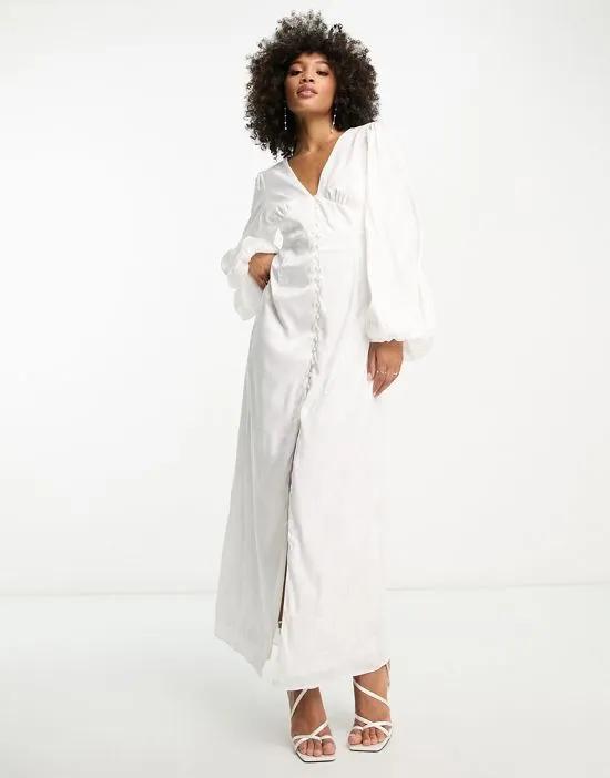Bridal jacquard button up maxi dress with balloon sleeves in white