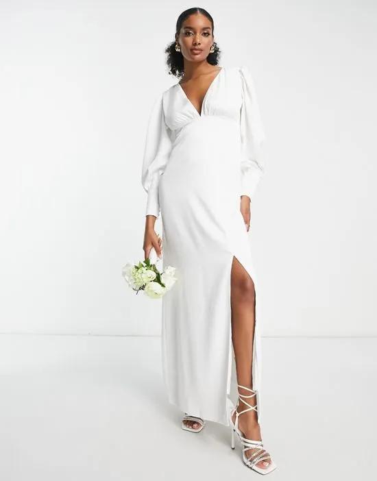 Bridal long sleeve satin maxi dress in white