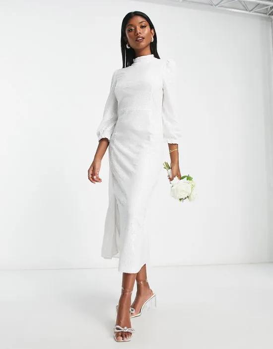 Bridal long sleeve sequin midi dress in white