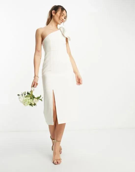 Bridal one shoulder bow detail midi dress in white