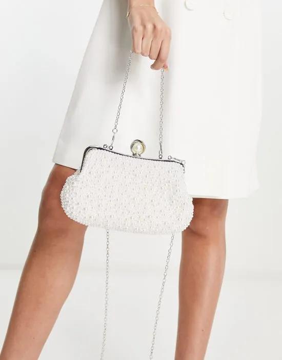 bridal pearl clutch bag in white