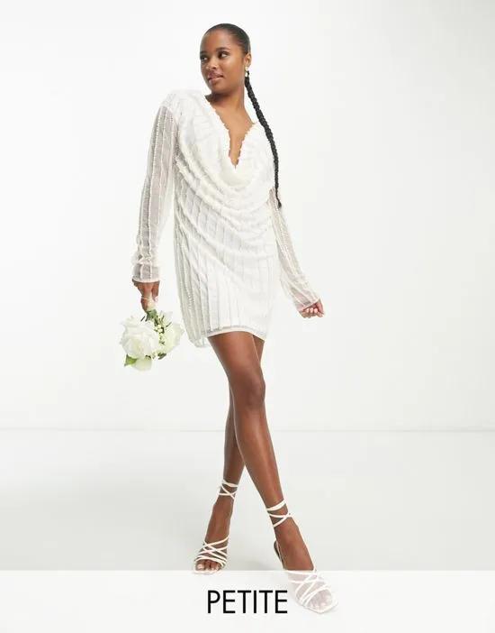 Bridal pearl embellished mini dress with drape front in ivory