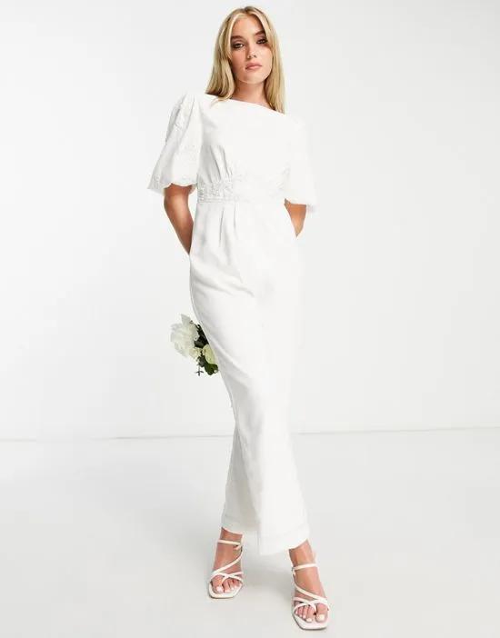 Bridal puff sleeve bow back jumpsuit in ivory