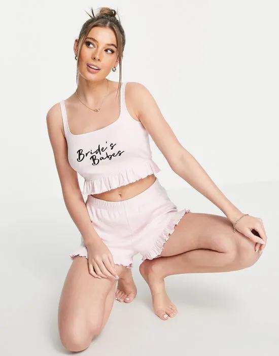 bride's babes frill tank top and shorts lounge set in pink