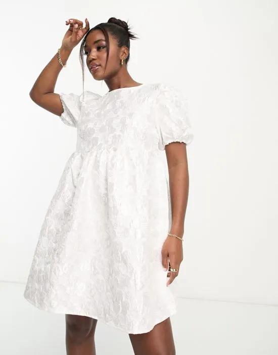 Bride To Be puff sleeve babydoll mini dress in white rose jacquard