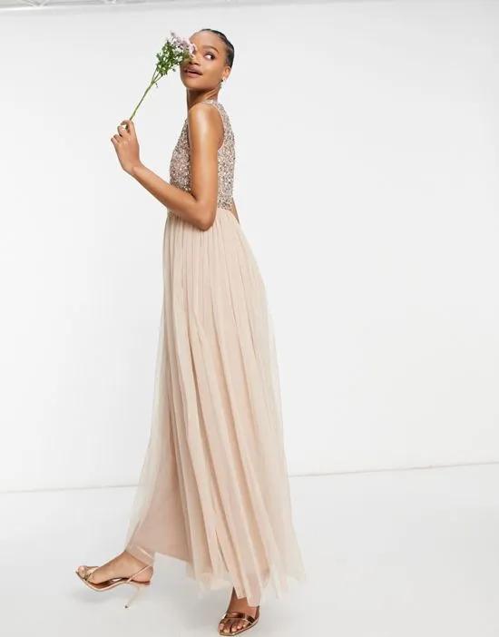 Bridesmaid 2 in 1 maxi tulle dress with tonal delicate sequins in taupe blush