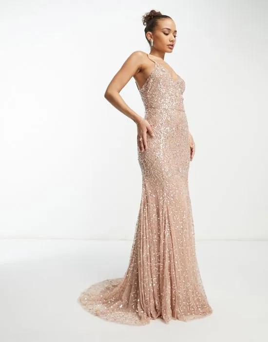 Bridesmaid allover embellished maxi dress with train in taupe