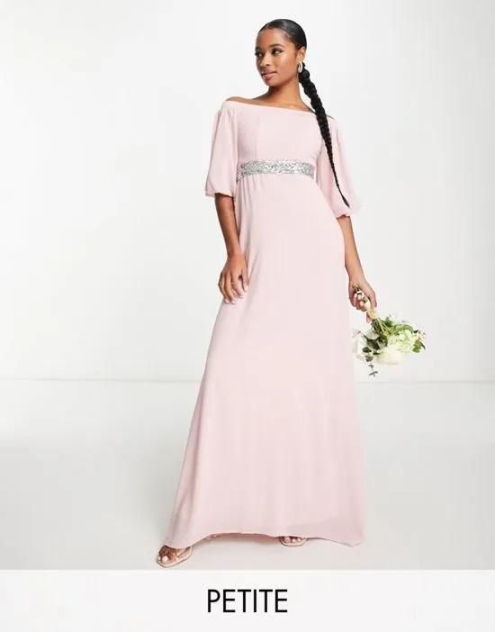 Bridesmaid bardot chiffon maxi dress with embellished waist in mauve