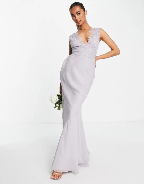 Bridesmaid bias cut chiffon maxi dress with applique lace in lilac
