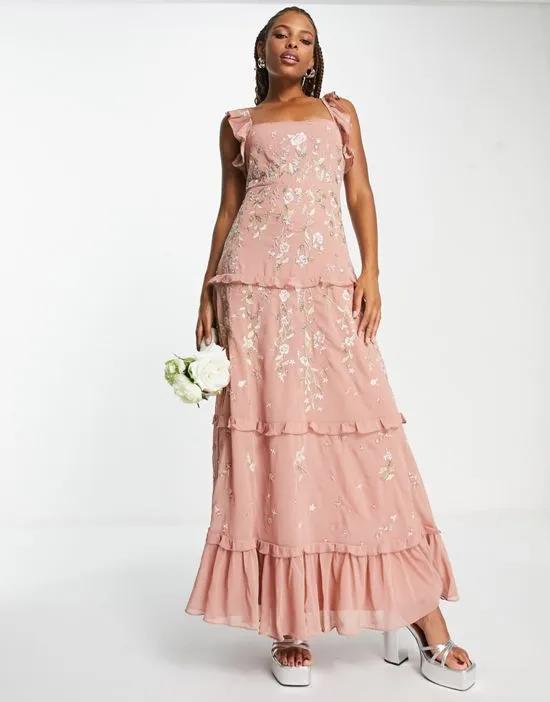 Bridesmaid cami embellished maxi dress with embroidery in rose