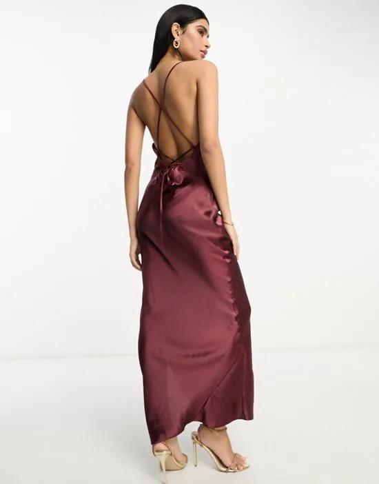 Bridesmaid cami maxi slip dress in hi-shine satin with lace up back in wine