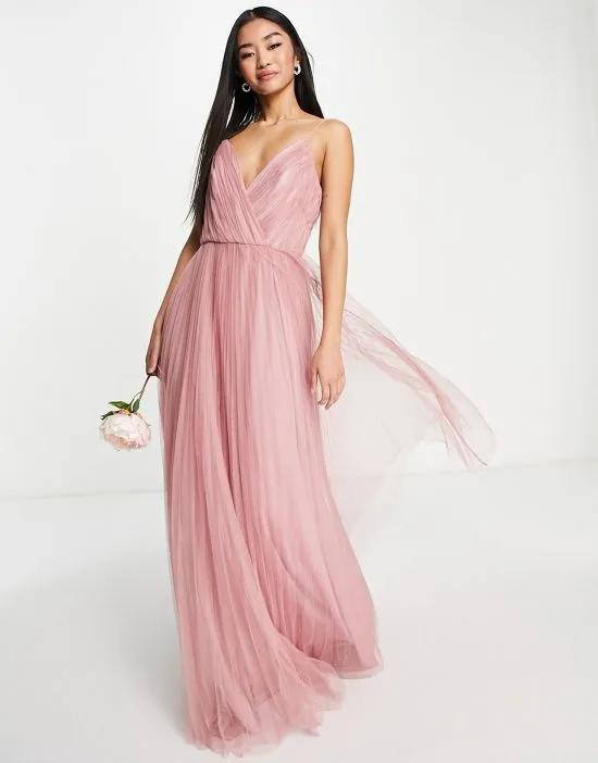Bridesmaid cami pleated tulle maxi dress in rose