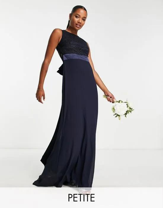 Bridesmaid chiffon maxi dress with lace scalloped back in navy