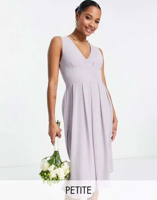 Bridesmaid chiffon V-front midi dress with pleated skirt in gray