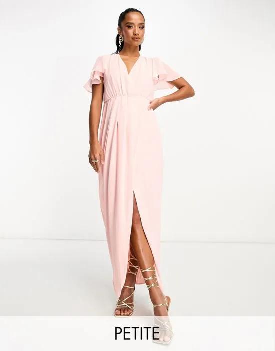 Bridesmaid chiffon wrap front maxi dress with flutter sleeve in whisper pink
