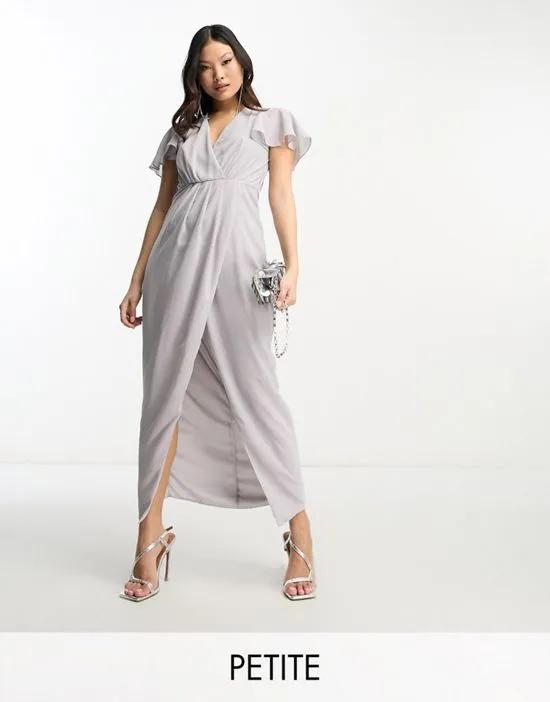Bridesmaid chiffon wrap front midi dress with flutter sleeve in gray