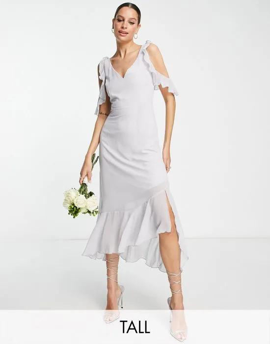 Bridesmaid cold shoulder midi dress in light gray