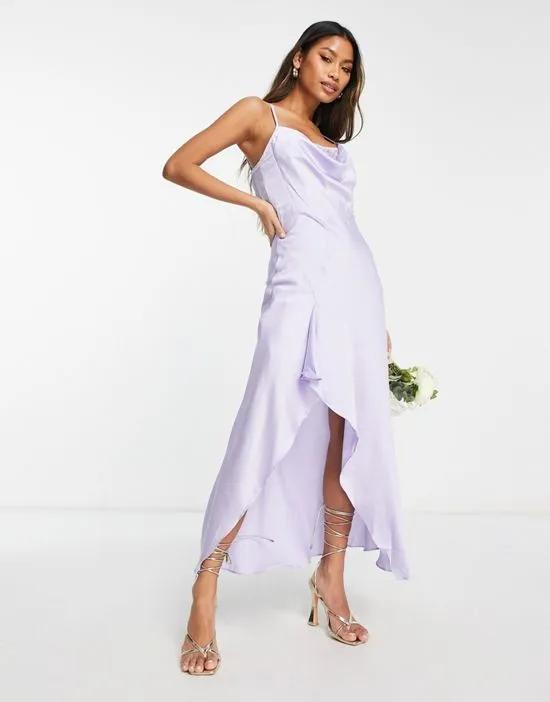 Bridesmaid editorial satin slip dress with frill detail in dreamy blue
