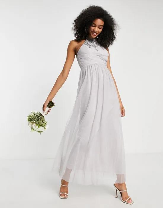 Bridesmaid embellished maxi dress in gray
