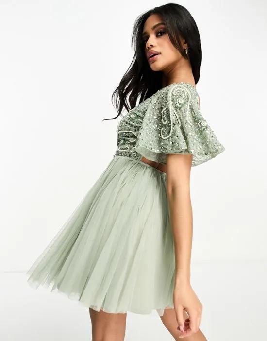 Bridesmaid embellished mini dress with open back detail in Sage Green