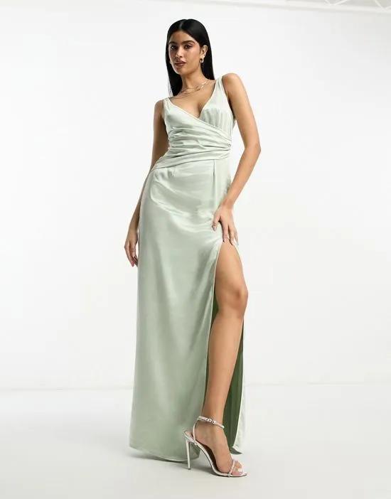 Bridesmaid Esmee wrap satin maxi dress in sage green