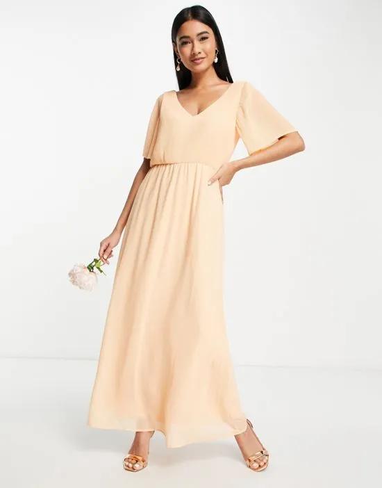 Bridesmaid Exclusive maxi dress with fluted sleeves in apricot plisse