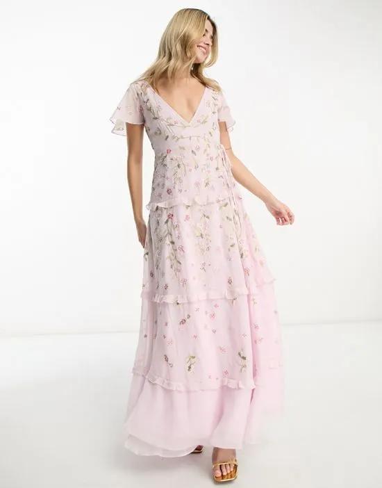 Bridesmaid flutter sleeve embellished wrap maxi dress with embroidery in light pink