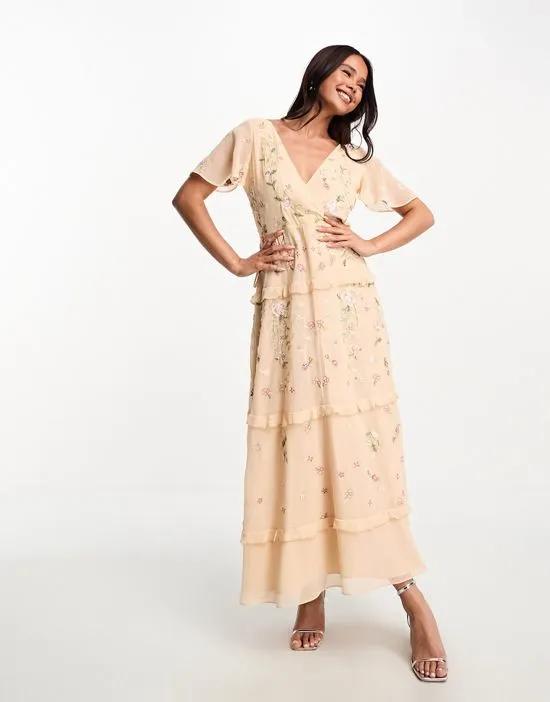 Bridesmaid flutter sleeve embellished wrap midi dress with embroidery in apricot