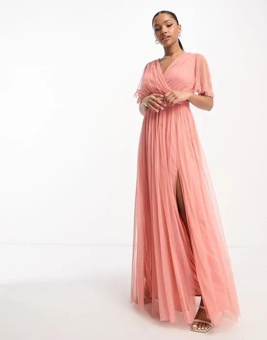 Bridesmaid flutter sleeve maxi dress in coral pink