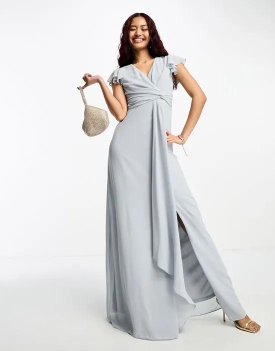 Bridesmaid flutter sleeve maxi dress in gray