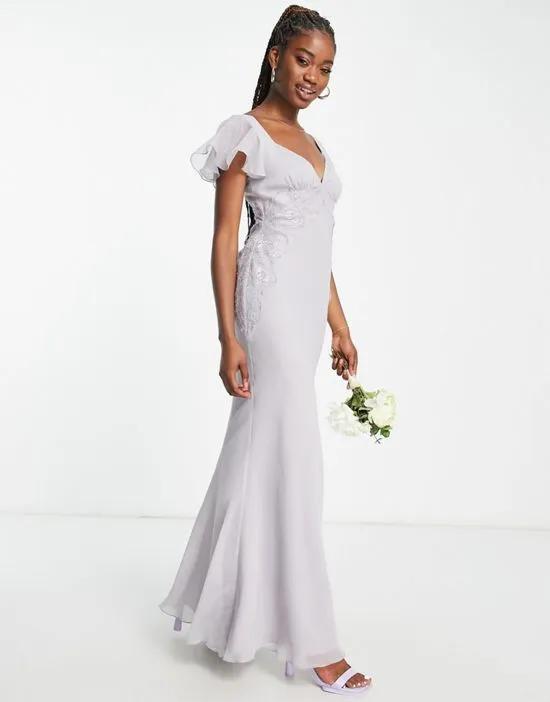 Bridesmaid flutter sleeve maxi dress with lace detail and bias cut skirt in lilac