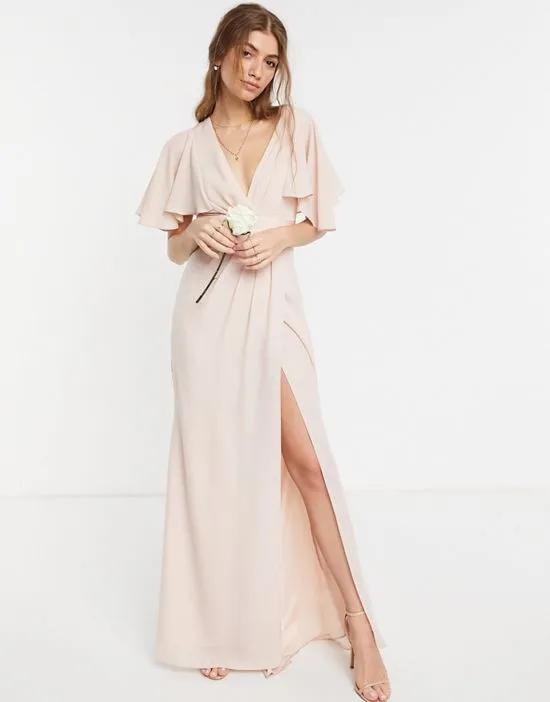 Bridesmaid flutter sleeve maxi dress with satin trim detail and wrap skirt