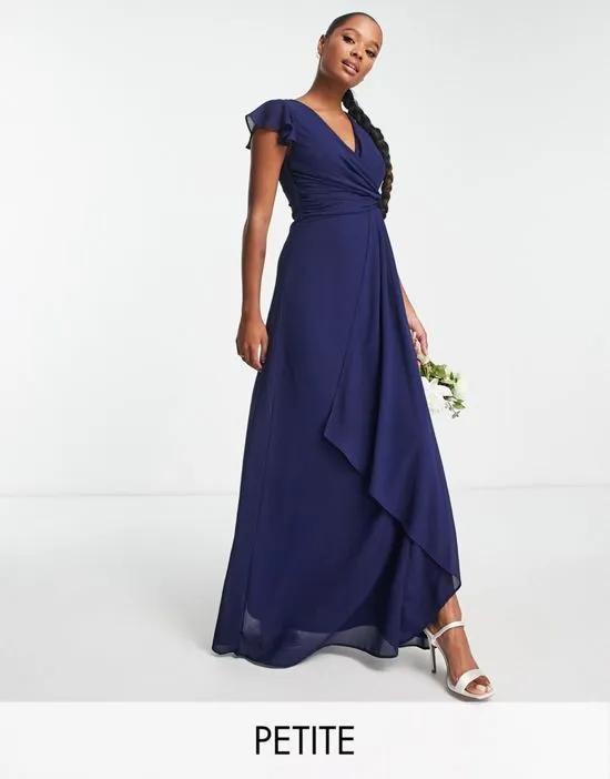 bridesmaid flutter sleeve ruffle detail maxi dress in navy