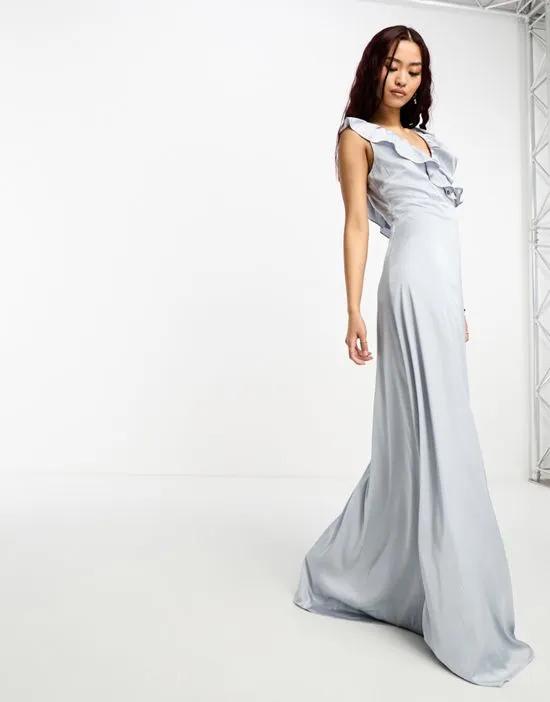 Bridesmaid frill detail maxi dress in gray