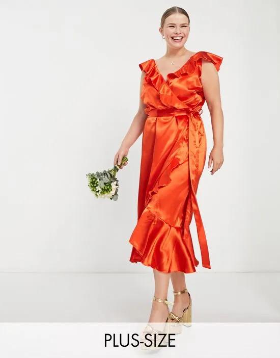 Bridesmaid frill wrap dress in sunset orange
