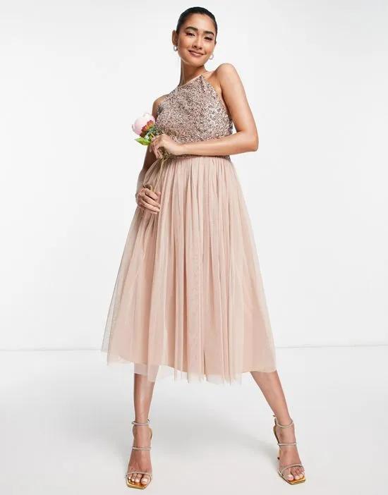Bridesmaid halter neck midi tulle dress with tonal delicate sequins in muted blush