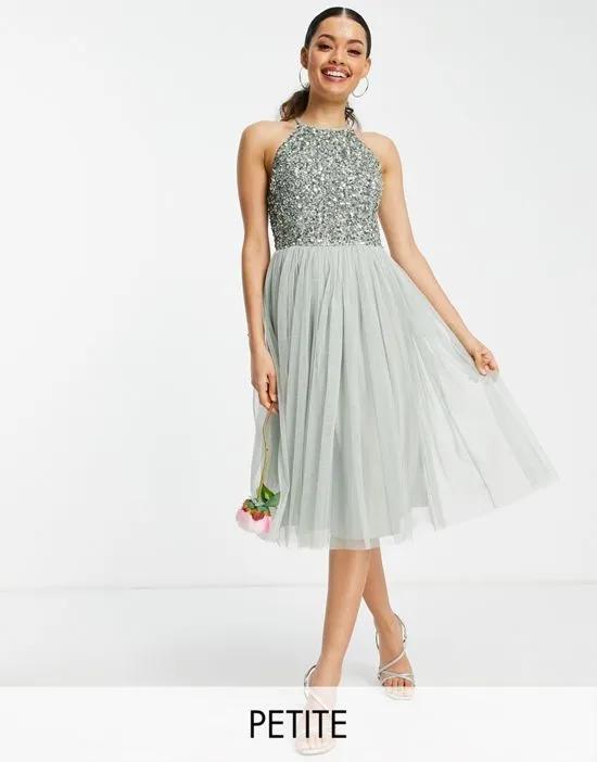 Bridesmaid halter neck midi tulle dress with tonal delicate sequins in sage green