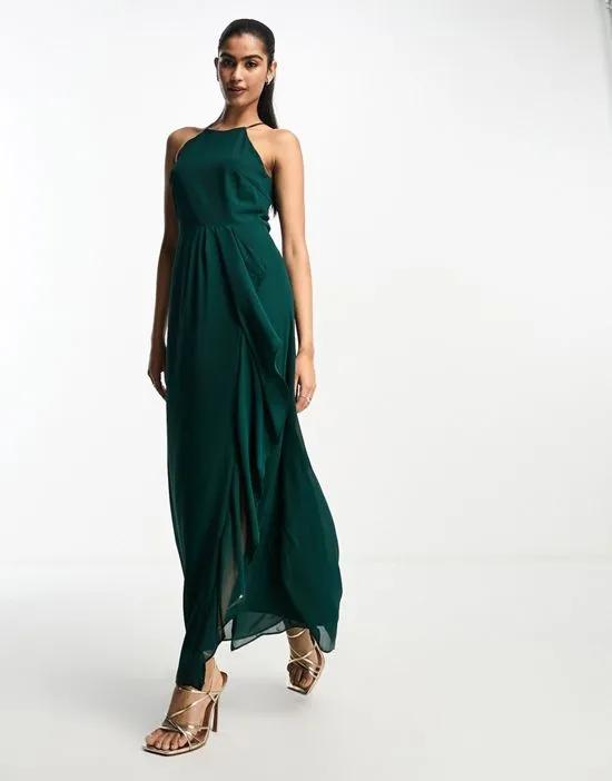 Bridesmaid halterneck maxi dress with cut out back in dark green