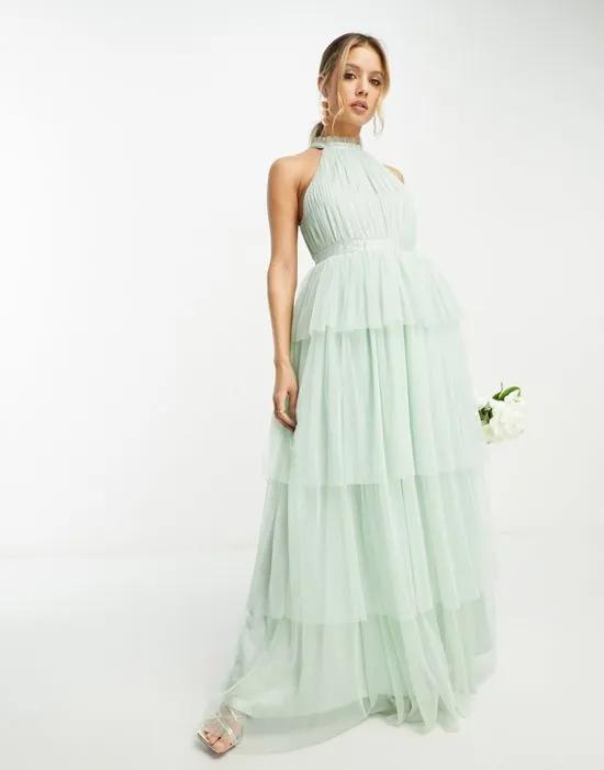 Bridesmaid halterneck tulle maxi dress with tiered skirt in mint green
