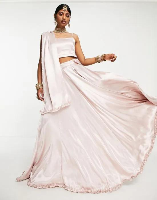 Bridesmaid Lehenga full flare frill skirt & dupatta scarf in pink