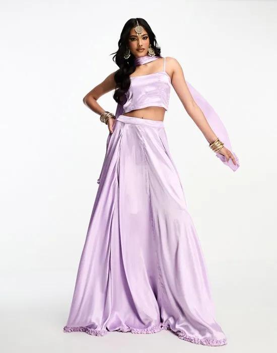 Bridesmaid Lehenga full flare frill skirt & scarf in lavender lilac