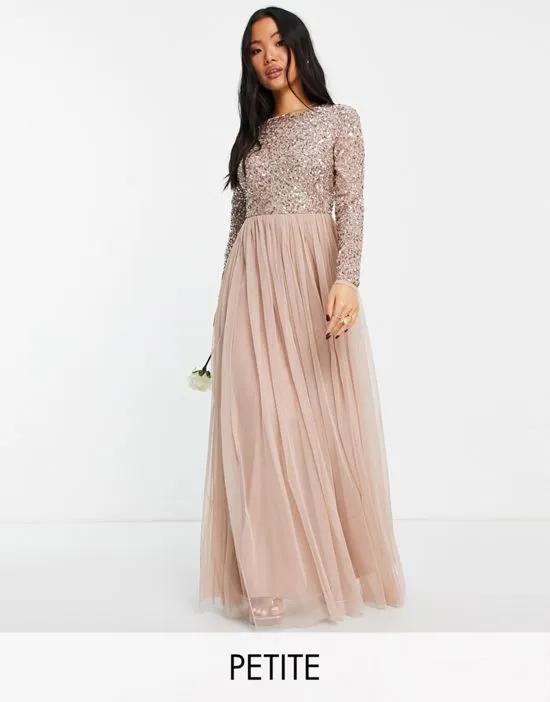 Bridesmaid long sleeve maxi dress with delicate sequin in muted blush
